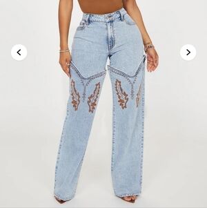 Fashion Nova Light Blue Flare Jeans with Brown Embroidery